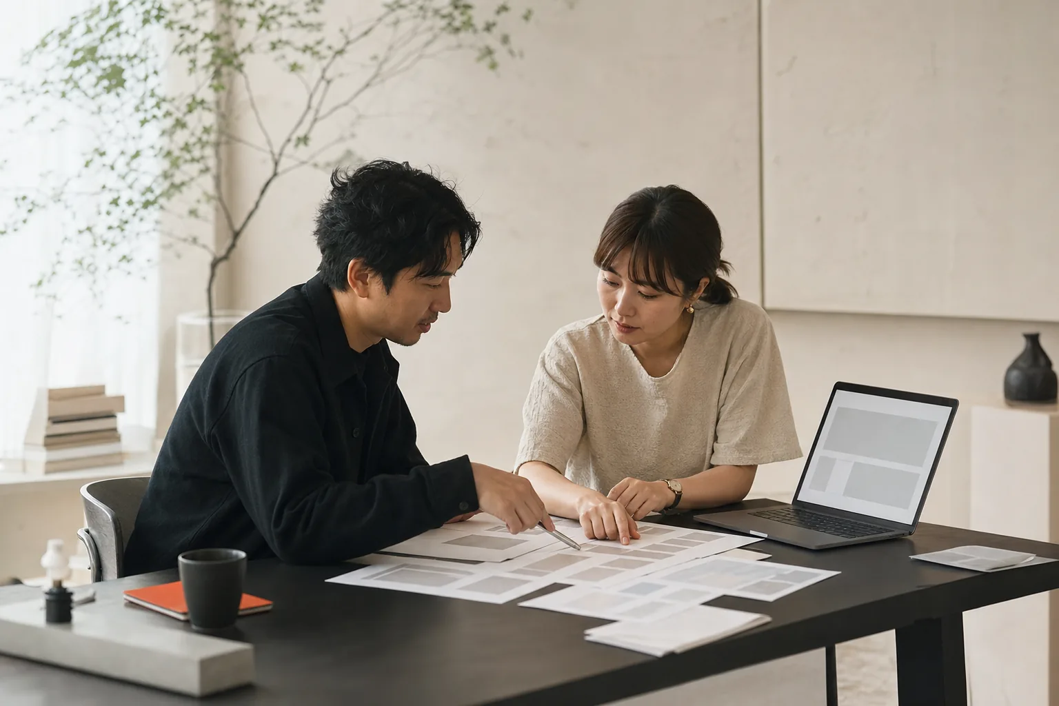 設計師與企業主在工作桌前共同整理網站內容